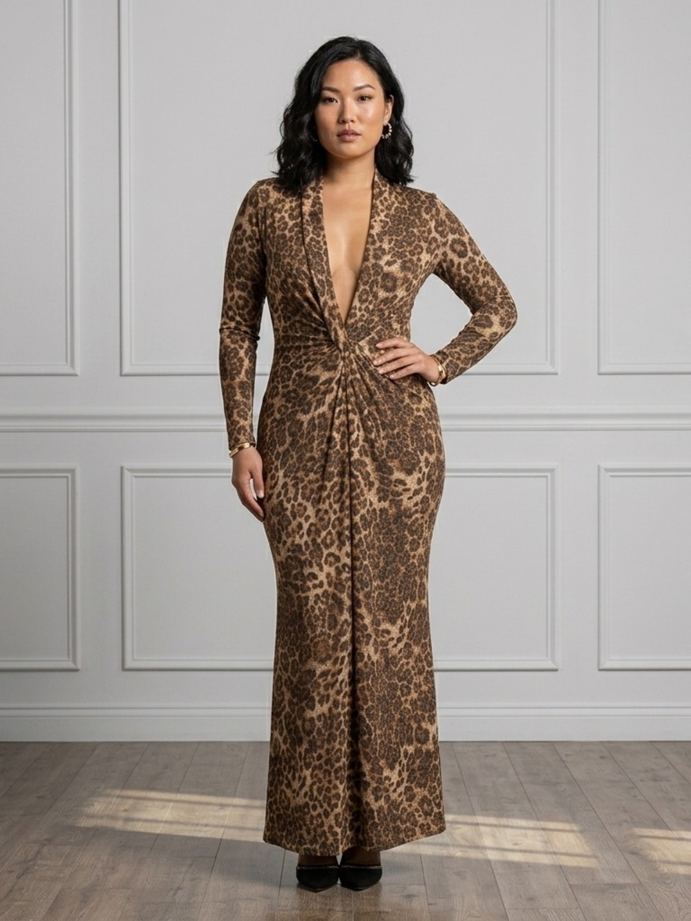 Snap Leopard-Print Twist Front Long Sleeve Maxi Dress - Brown/Tan
